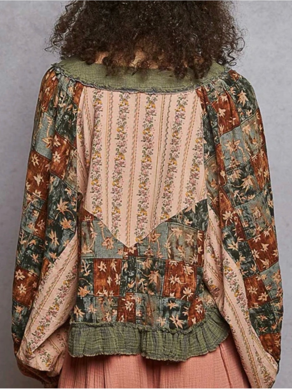POL Patchwork Lace-Up Peasant Tunic with Rust and Gray trim - Picture 7 of 8